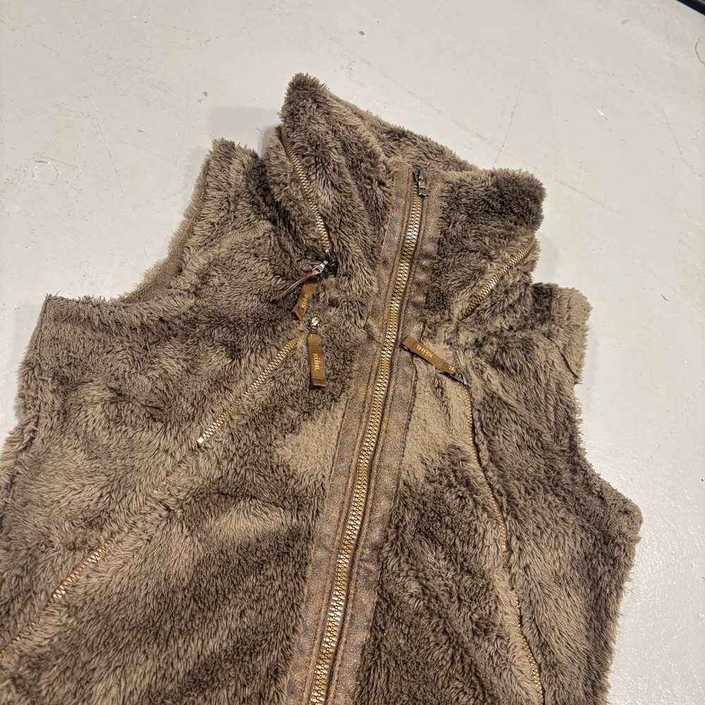 Kuhl Flight Vest Womens Small Brown Faux Fur Fleece Stowaway Hood Full Zip 2064